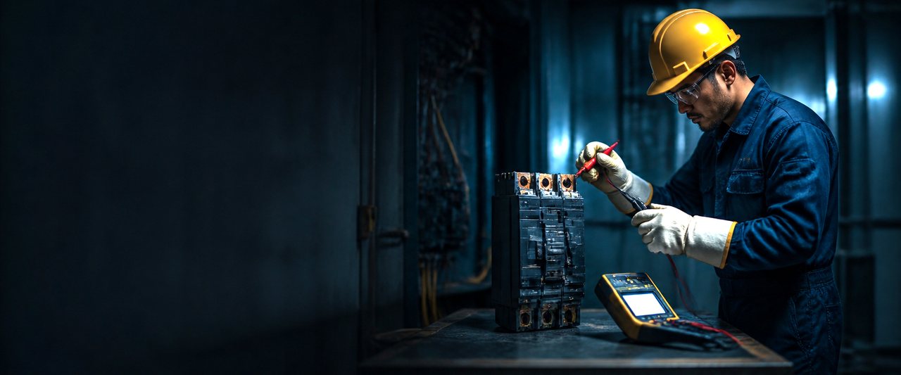 Técnico de PRUEL aplicando pruebas de aislamiento a un interruptor de potencia en banco
