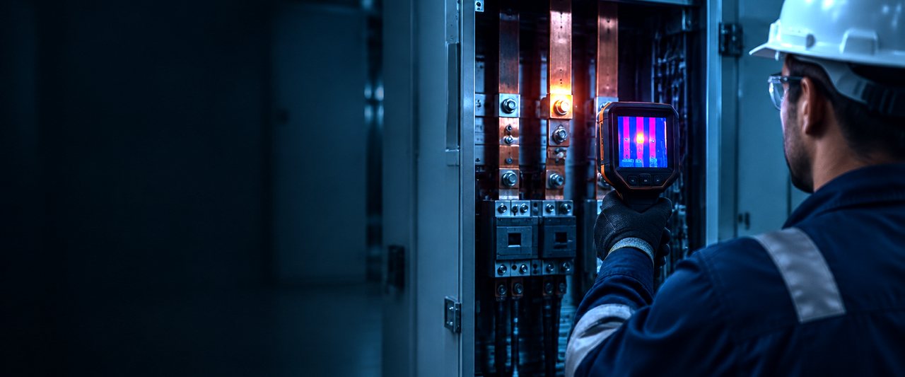 Técnico de PRUEL inspeccionando un tablero energizado con cámara termográfica